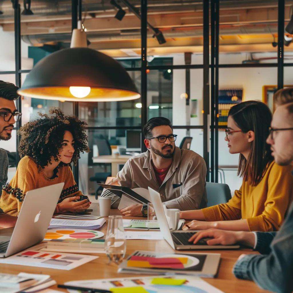 Group of diverse professionals collaborating in a modern office, discussing customer service strategies and marketing insights, with laptops and documents on the table.