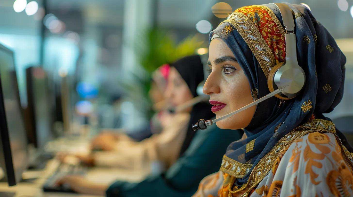 Call center agent wearing a headset, engaged in customer service, in a modern office environment with colleagues in the background, emphasizing effective communication and outsourcing operations.