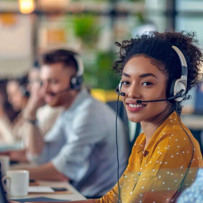 Diverse call center agents collaborating in a modern office, showcasing essential customer service skills
