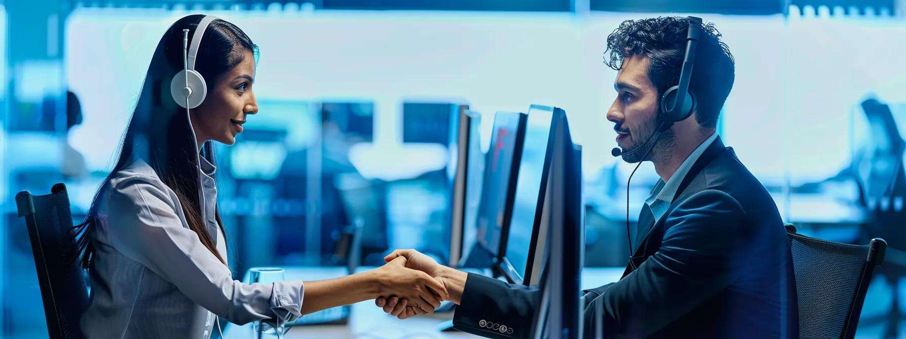 Woman and man in a call center shaking hands, showcasing professional collaboration in lead generation and client relationship building.
