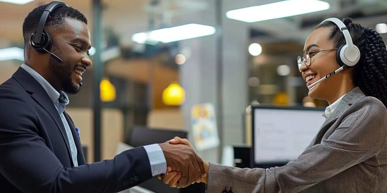 two agents shaking hands in a call center