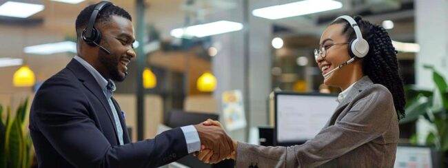 two agents shaking hands in a call center