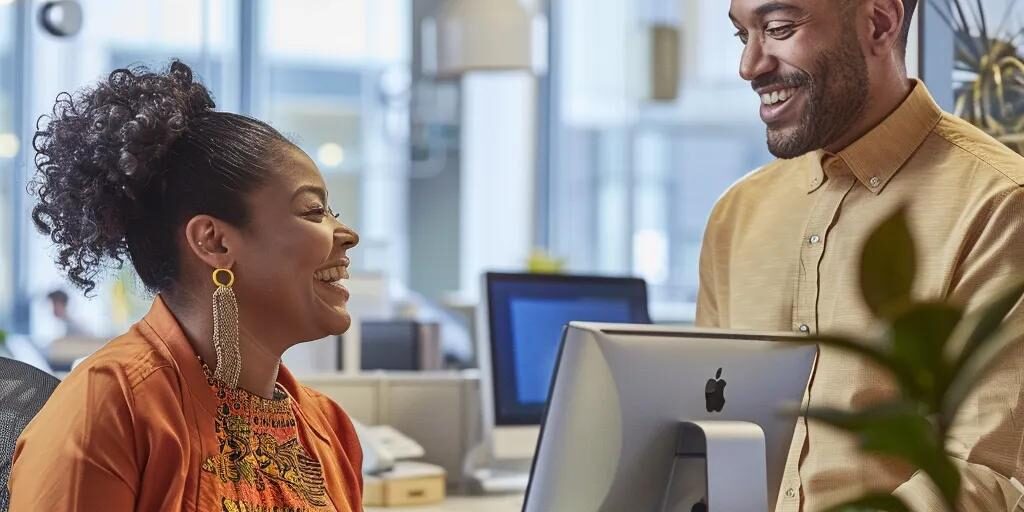 Customer service representative assisting a satisfied customer in a modern office environment