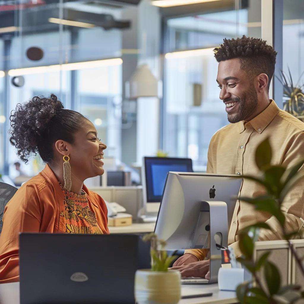 Customer service representative assisting a satisfied customer in a modern office environment