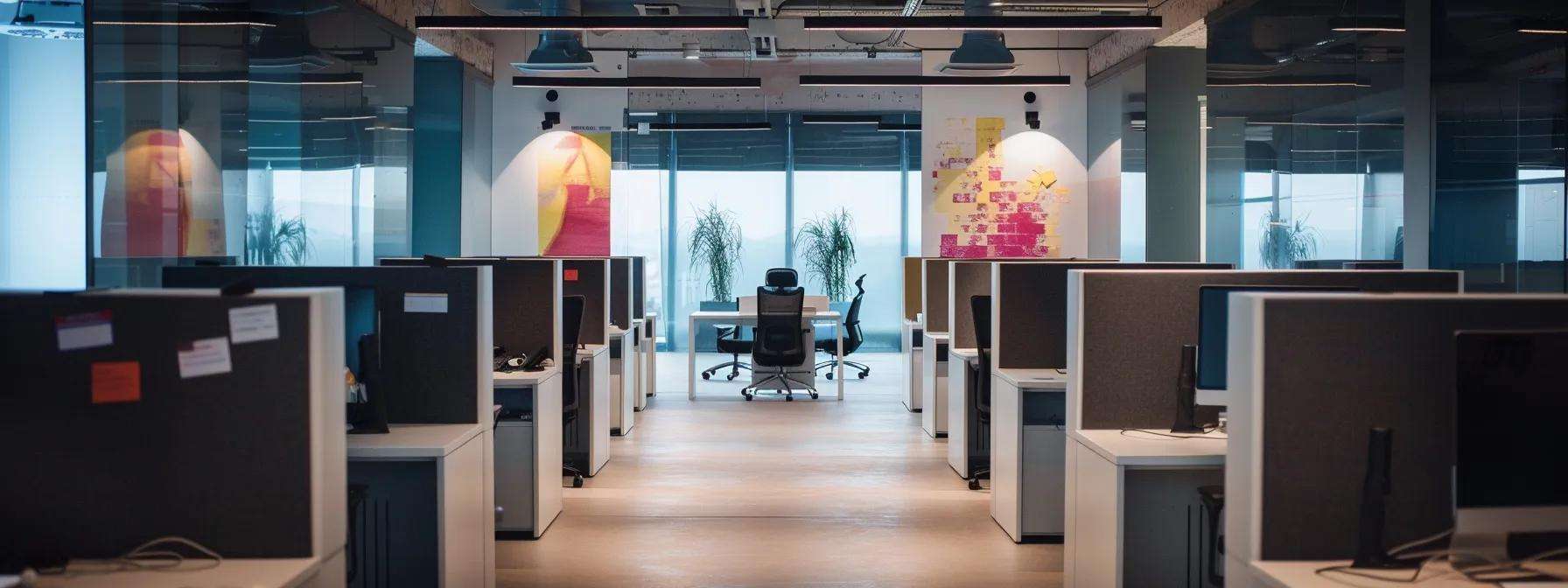 Modern call center office with cubicles, empty desks, and a central meeting area, emphasizing efficiency and productivity in reducing Average Handle Time (AHT).