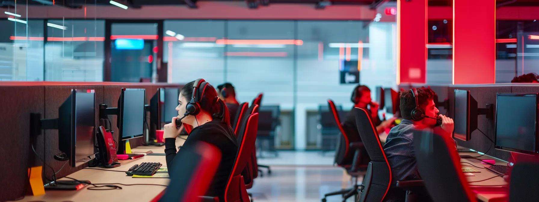 Call center agents wearing headsets working at computers in a modern, illuminated workspace, emphasizing efficiency and productivity in customer service.