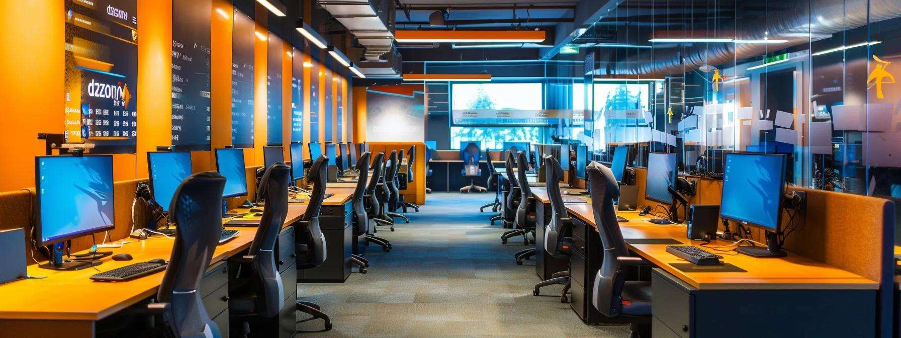 Modern call center workspace with multiple computer stations, ergonomic chairs, and Dazonnassist branding, highlighting efficiency in customer service operations.