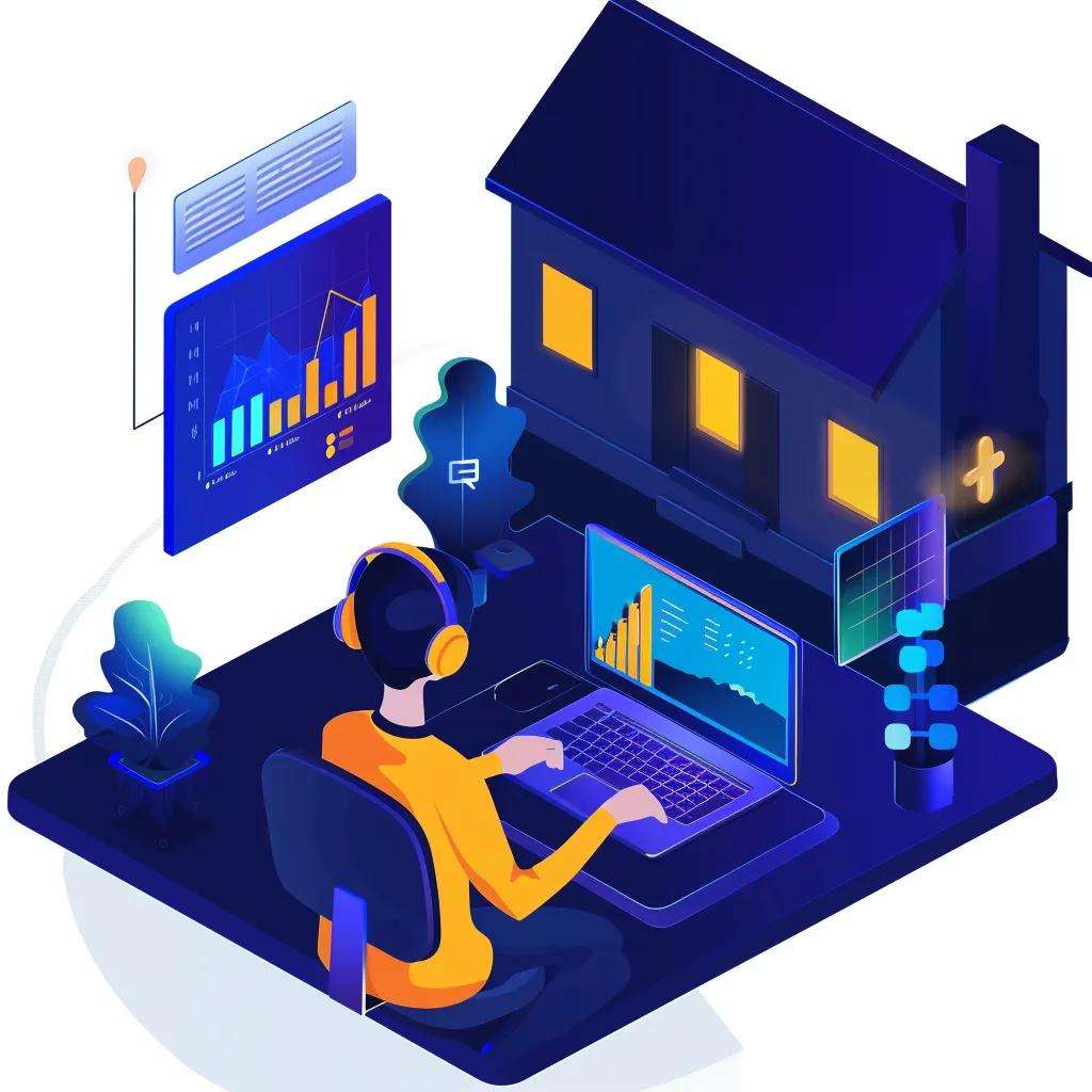 Person wearing headphones working on a laptop, analyzing real estate data with graphs and charts, surrounded by digital elements and a house illustration, emphasizing lead generation and call center strategies.