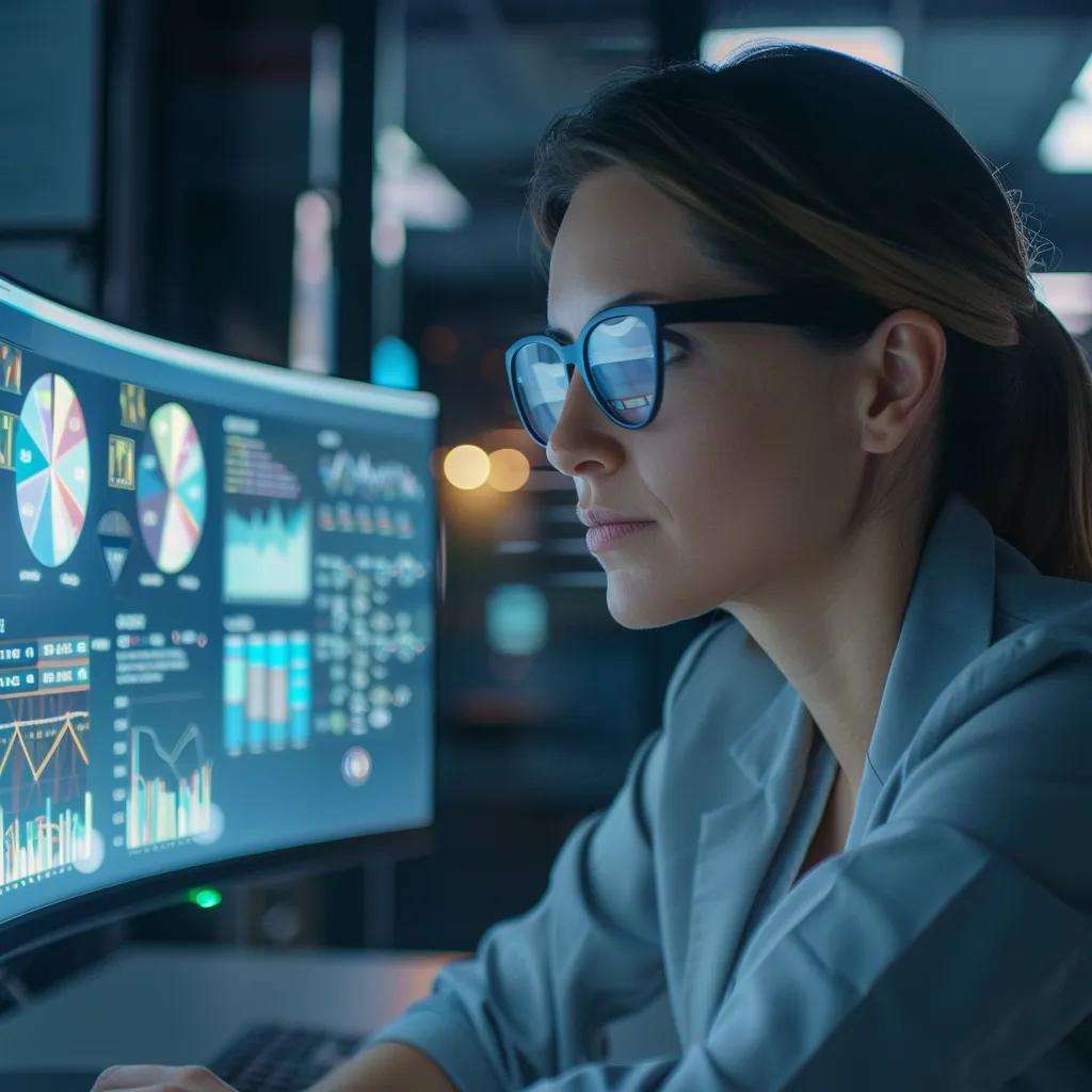 Woman in glasses analyzing data on a large monitor, showcasing graphs and charts, representing the integration of AI and human expertise in enhancing customer support efficiency.
