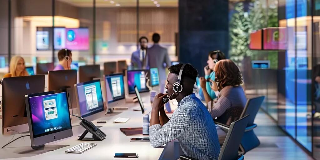 Modern real estate call center with diverse agents engaged in lead qualification