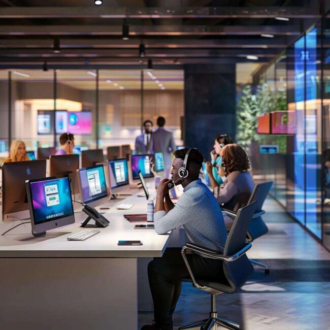 Modern real estate call center with diverse agents engaged in lead qualification