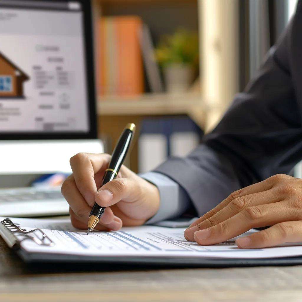 Business professional writing on a clipboard with real estate documents, computer screen displaying property data, emphasizing lead qualification and consultation processes.