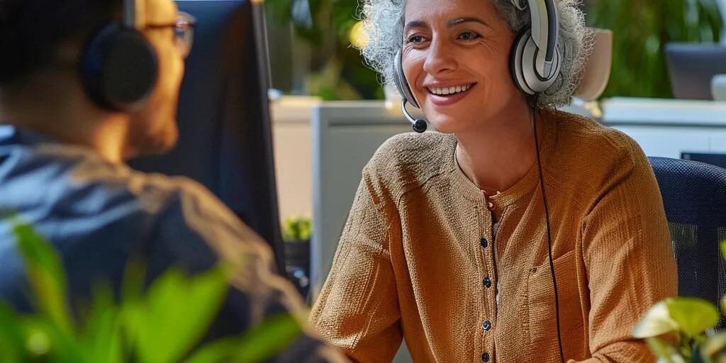 Customer service representative engaging warmly with a customer, highlighting the importance of human touch in AI-driven interactions