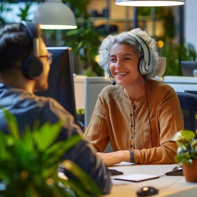 Customer service representative engaging warmly with a customer, highlighting the importance of human touch in AI-driven interactions