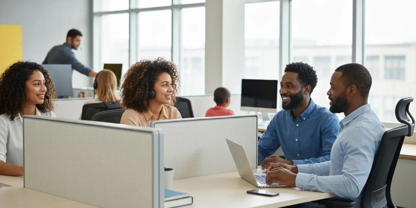 A diverse group of call center professionals collaborating in an inclusive workspace