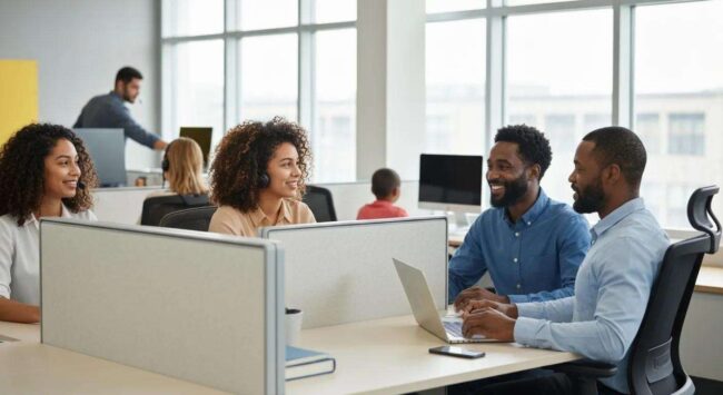 A diverse group of call center professionals collaborating in an inclusive workspace