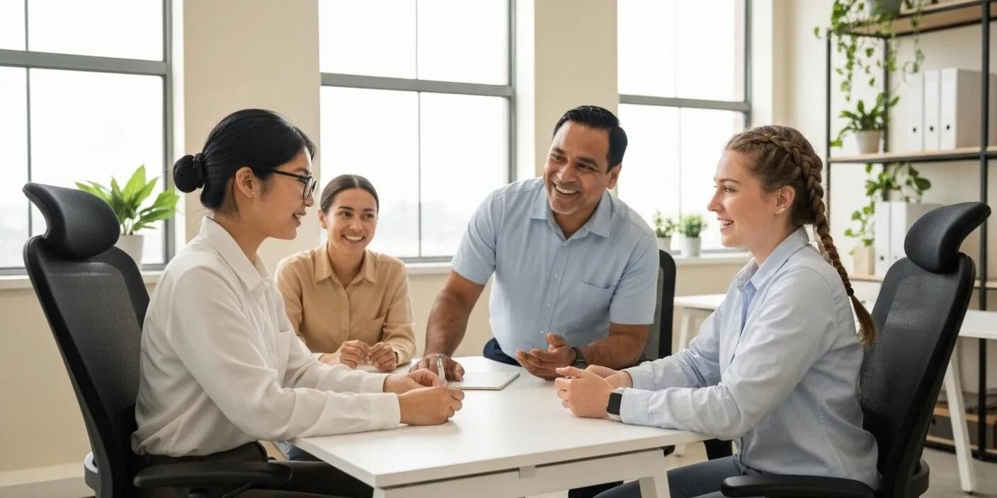 A diverse team of customer service professionals collaborating effectively in a modern, bright office space, symbolizing teamwork and efficiency
