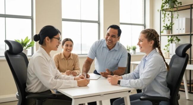 A diverse team of customer service professionals collaborating effectively in a modern, bright office space, symbolizing teamwork and efficiency