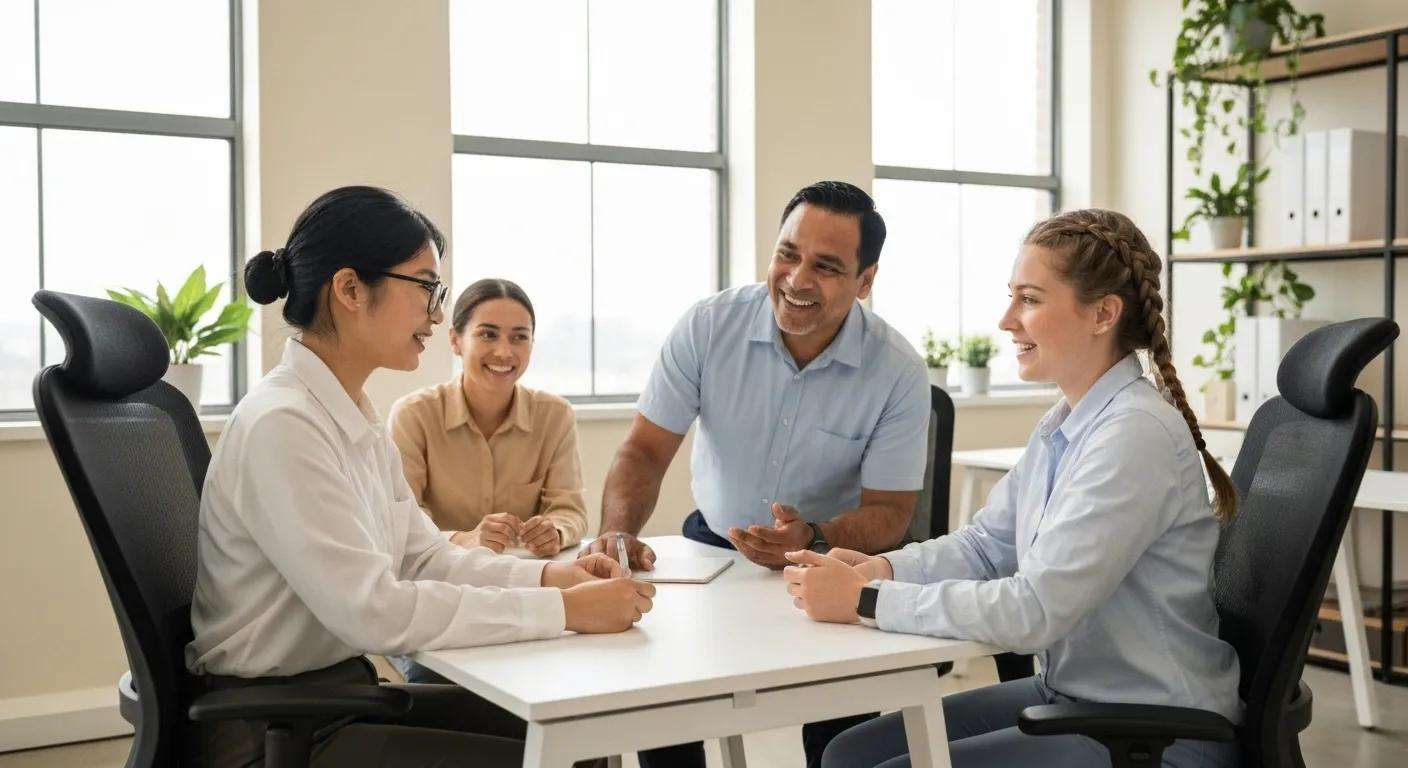 A diverse team of customer service professionals collaborating effectively in a modern, bright office space, symbolizing teamwork and efficiency