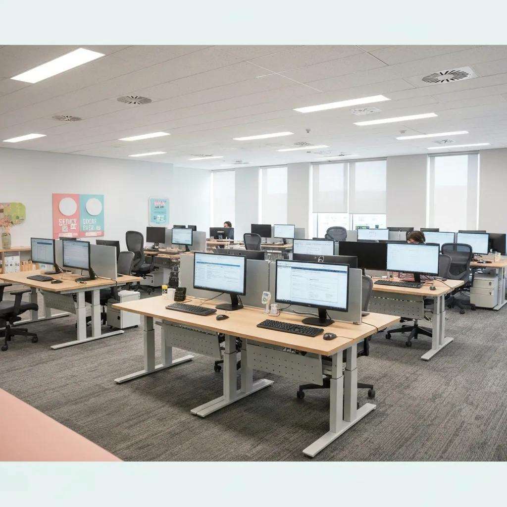 Modern call center workspace with multiple ergonomic desks, computers, and employees engaged in tasks, emphasizing inclusive hiring practices and accessibility.