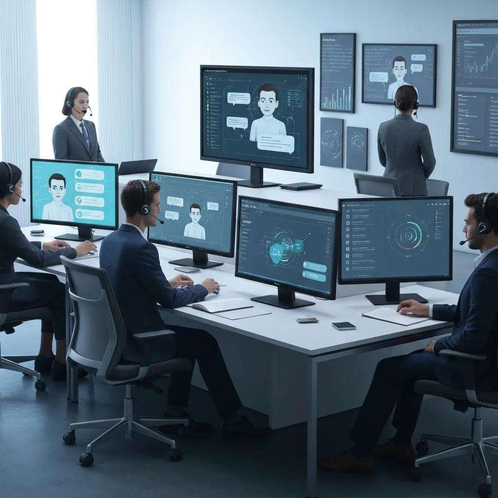 AI contact center agents at work, using multiple screens displaying customer interactions and analytics, illustrating advanced AI technologies for enhanced service delivery.