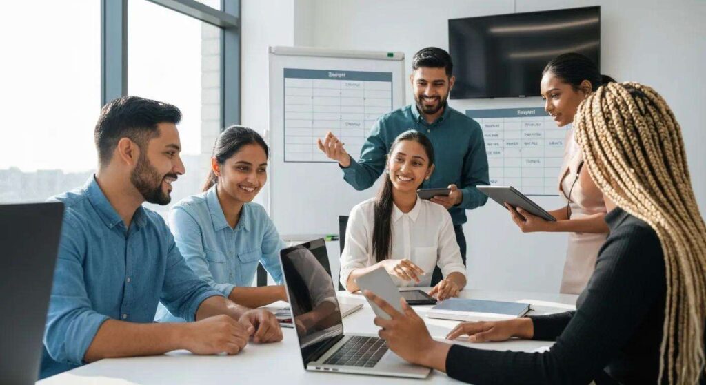 A diverse team of call center professionals collaborating on shift planning in a modern, bright office space