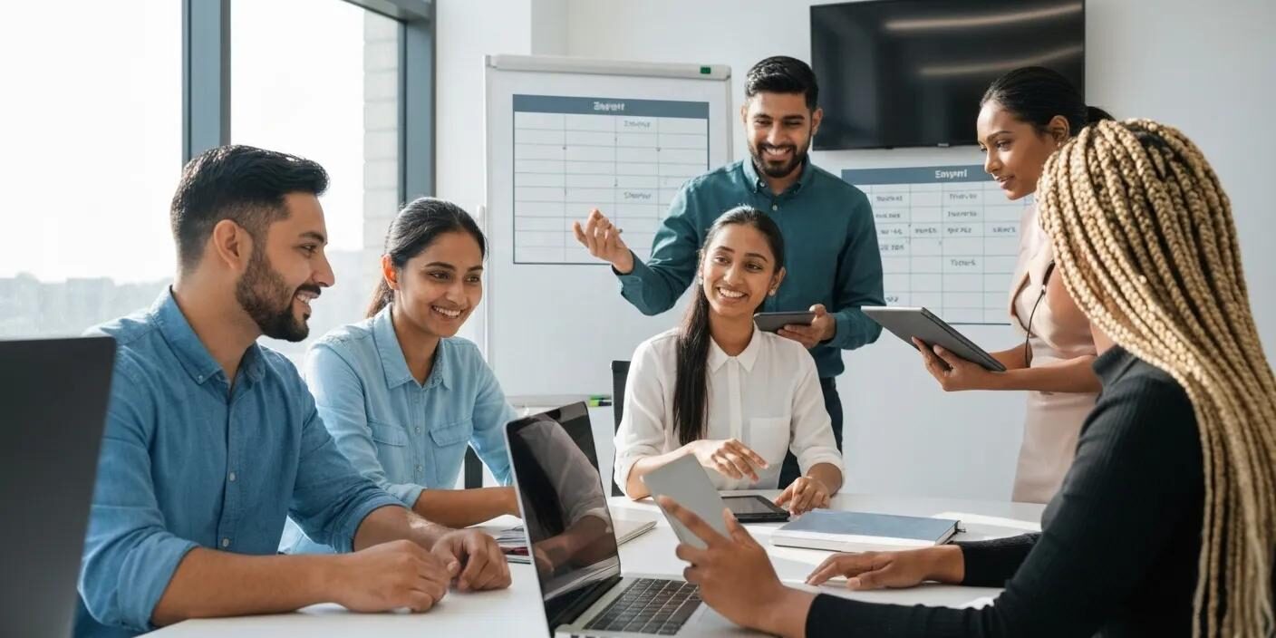 A diverse team of call center professionals collaborating on shift planning in a modern, bright office space