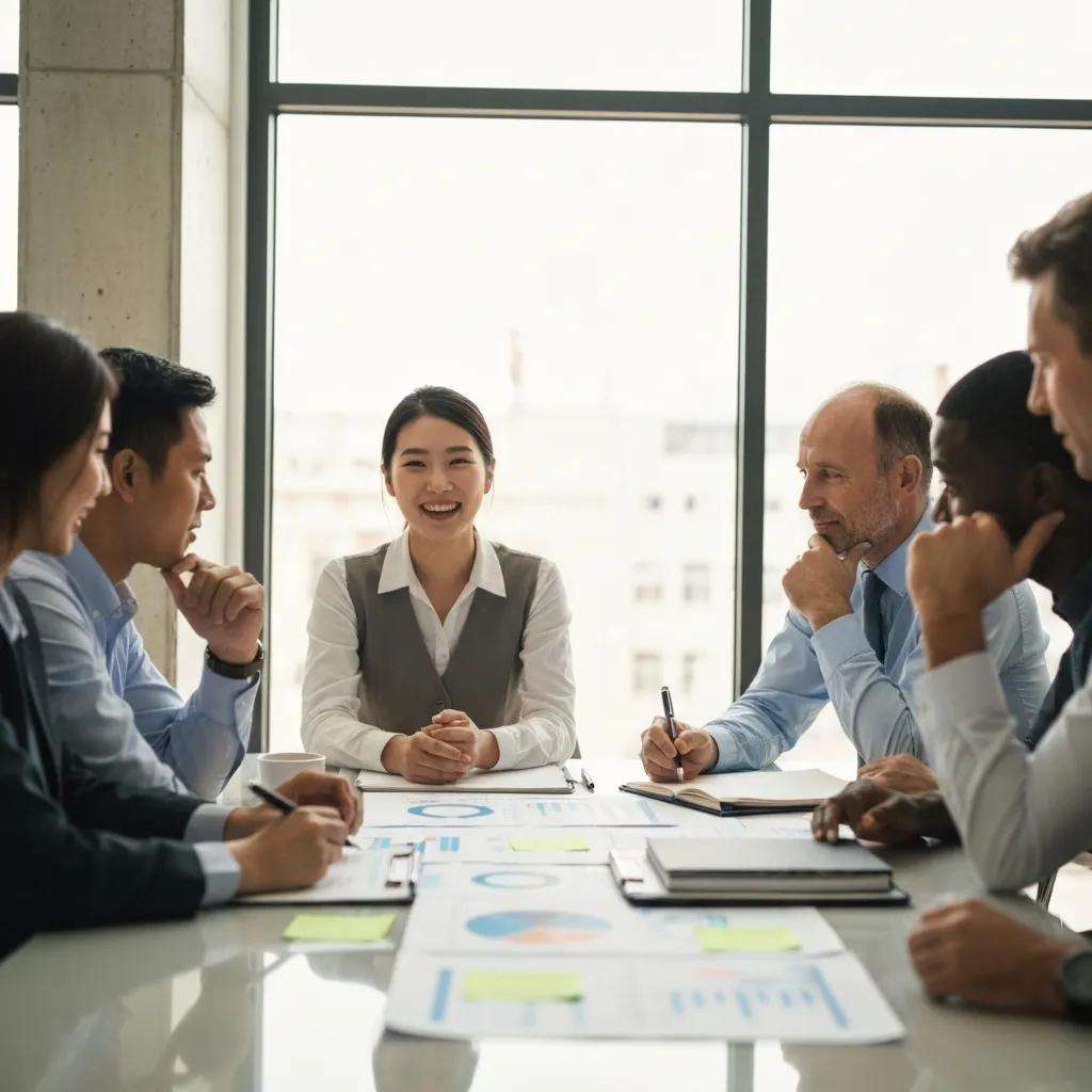 Diverse group of professionals in a meeting discussing customer loyalty strategies, with charts and notes on the table.