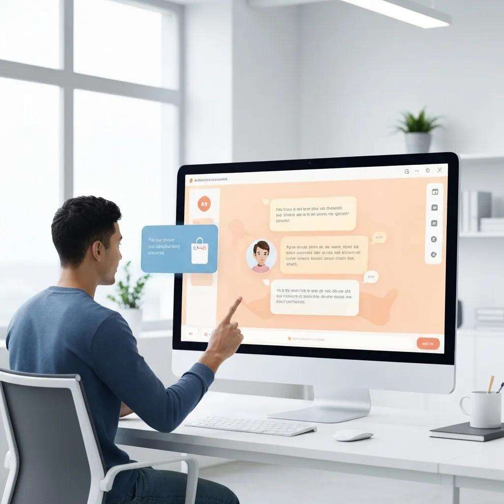 Person interacting with an AI chatbot on a computer screen, showcasing customer service automation and enhanced communication efficiency in an eCommerce setting.