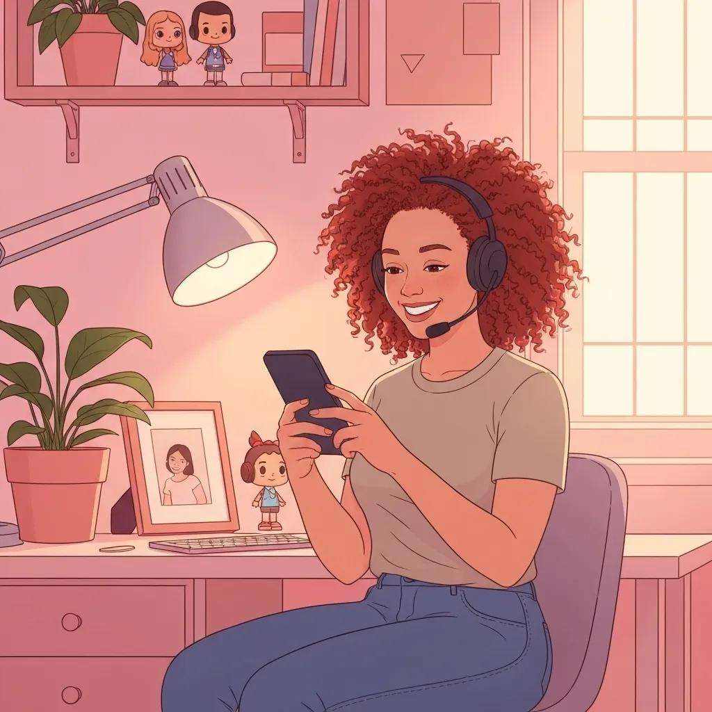 Woman with curly hair wearing a headset, smiling while using a smartphone in a cozy home office setting with plants and decorative items, illustrating flexible scheduling and agent engagement in call center operations.