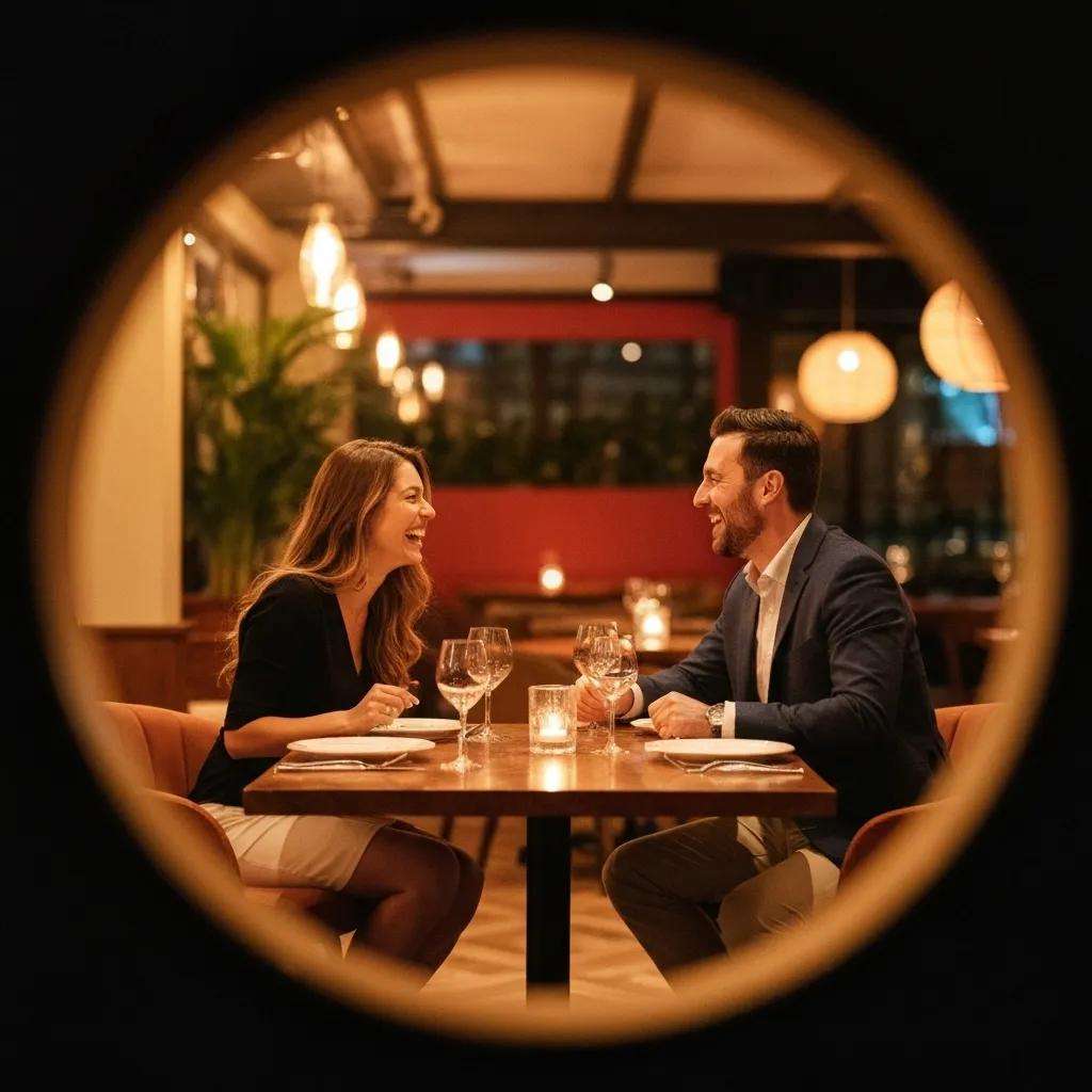 Couple enjoying a dinner date in a cozy restaurant, smiling and engaging in conversation, with a warm ambiance and candlelit table setting.