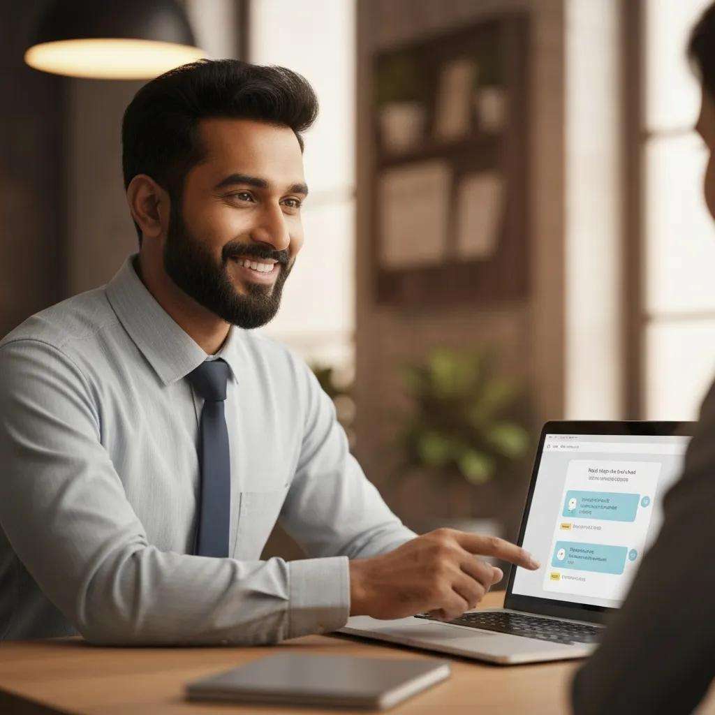 Customer service representative assisting an online shopper through live chat on a laptop in a modern workspace.
