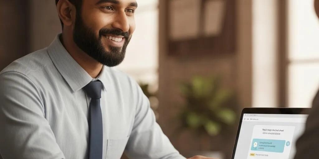 Customer service representative assisting an online shopper through live chat in a modern workspace