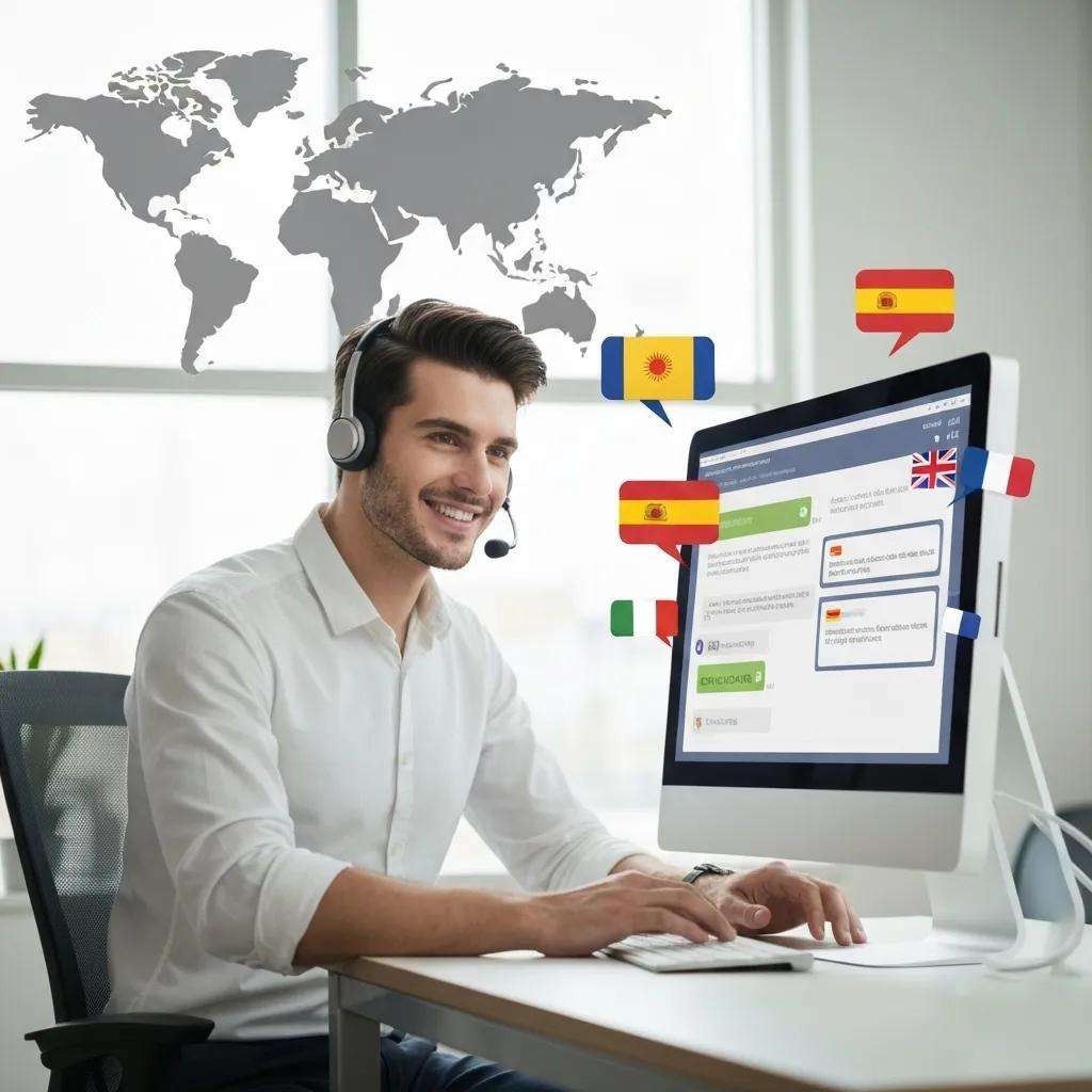 Customer support agent providing multilingual assistance with a world map backdrop, emphasizing 24/7 support for global eCommerce, and showcasing language flags for effective communication.