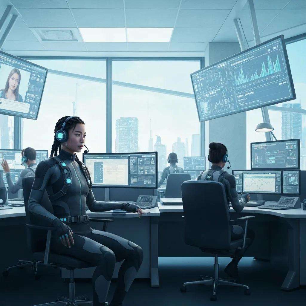 Call center agents in a modern workspace using advanced technology, focusing on productivity and efficient shift management.