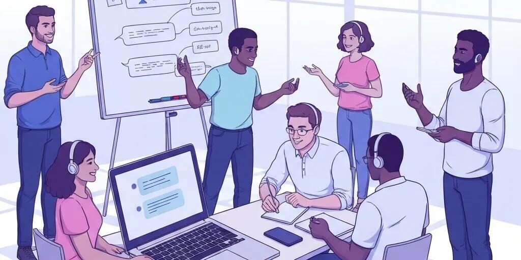 A diverse startup team collaborating on customer support strategies in a modern, vibrant office space