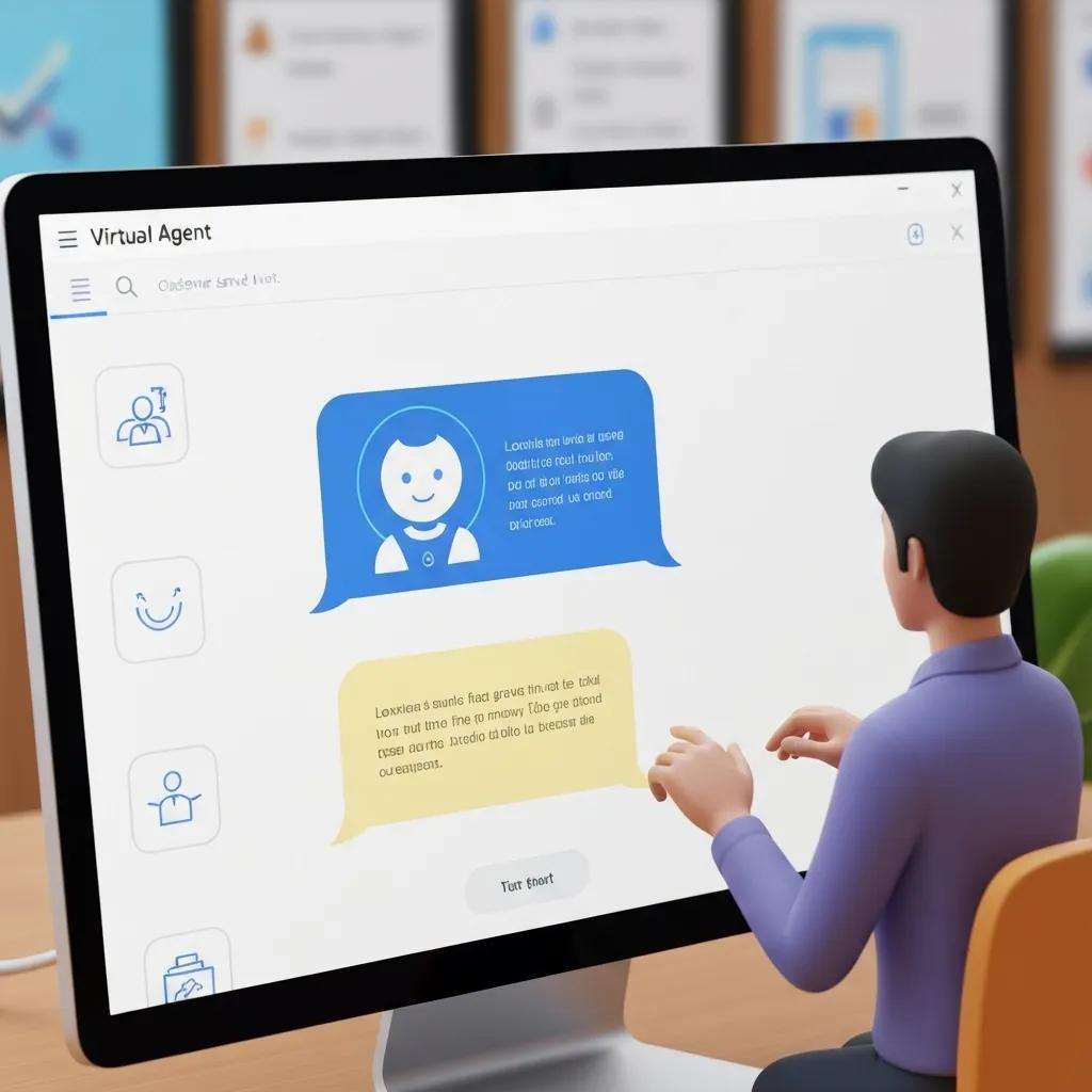 Virtual agent interface on a computer screen displaying chatbot interactions, illustrating AI-driven customer service solutions in contact centers.