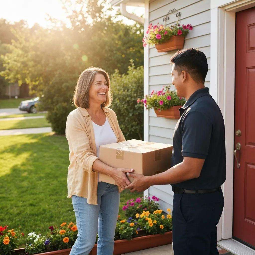 Happy customer receiving a package from a delivery person at their doorstep, reflecting satisfaction with eCommerce service and online shopping experience.