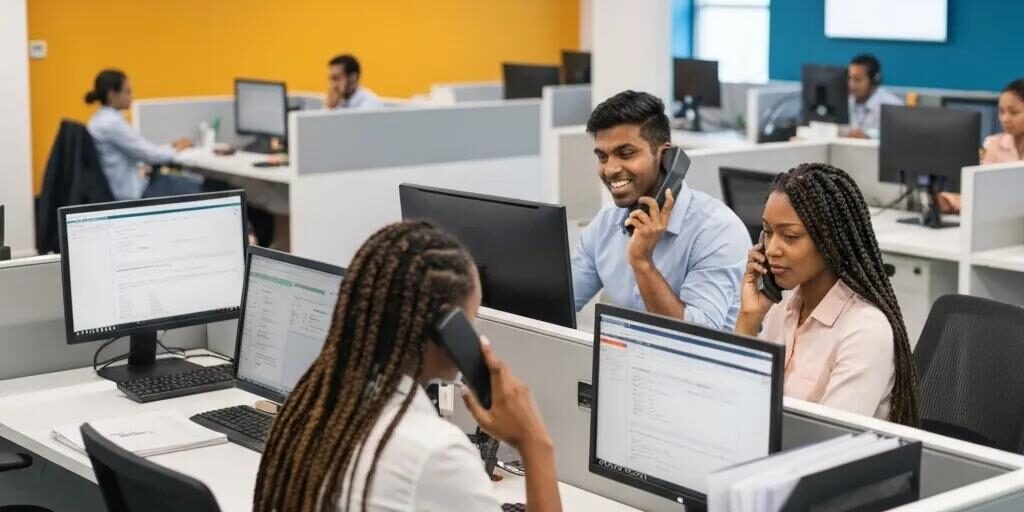 Modern eCommerce call center with diverse agents assisting customers, highlighting outsourced support benefits