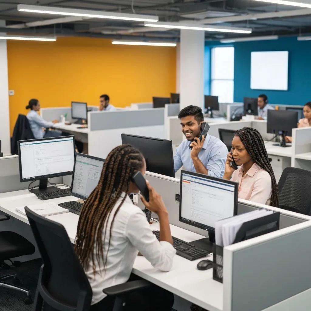 Diverse call center agents assisting customers in a modern eCommerce environment, highlighting outsourced support benefits for business growth.