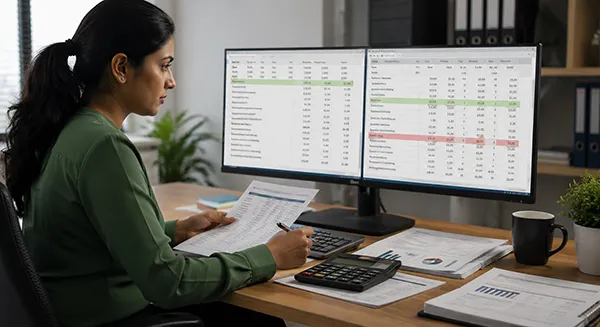 Accountant reconciling bank statements and financial records