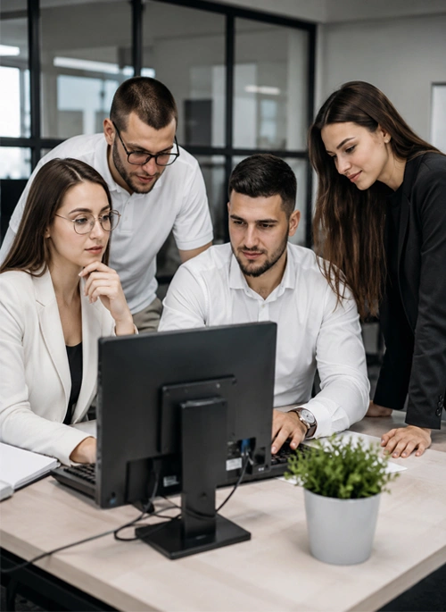 Back office support team reviewing operational data in office