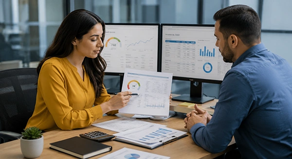 Mortgage loan specialist reviewing credit reports