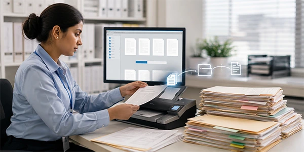 Paper medical files being transferred into digital folders/EMR-style system.
