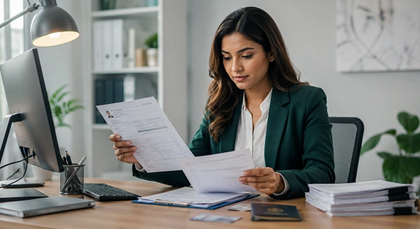 Verification specialist reviewing identity, income, and address documents