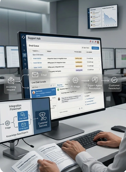 Email and chat support workflow dashboard in modern office setup