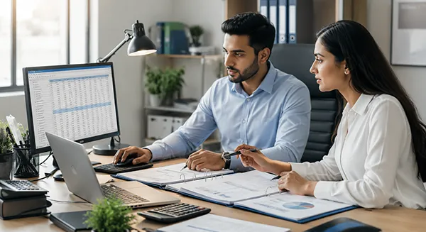 Accountant managing general ledger accounts & reviewing financial records