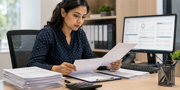 Worker checking claim forms, billing files, and insurance documents.
