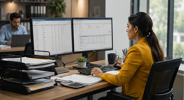 Accounting professional posting journal entries and processing financial transactions