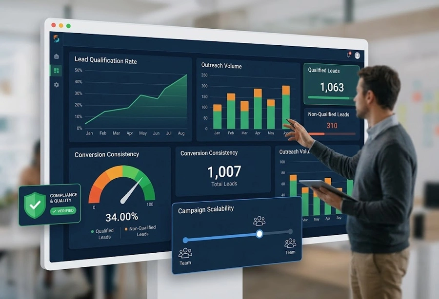 Telemarketing services dashboard with lead and compliance metrics